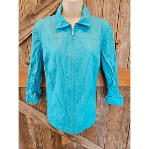Chicos size 2 (L) crinkly 3/4 sleeve full zip light shaket EUC Career Casual ^